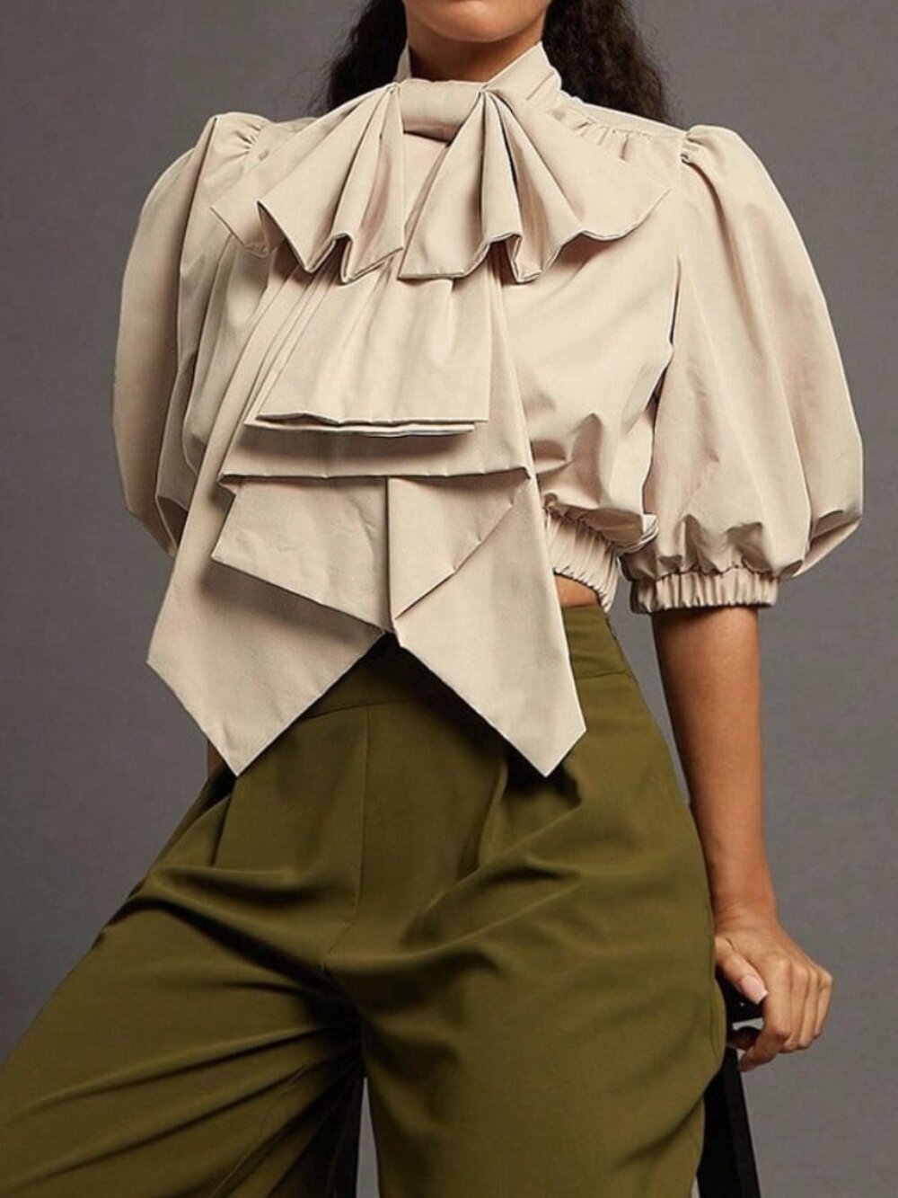 Apricot Elegant Women's Exaggerated Bow Puff Sleeve Zip Up Woven Top